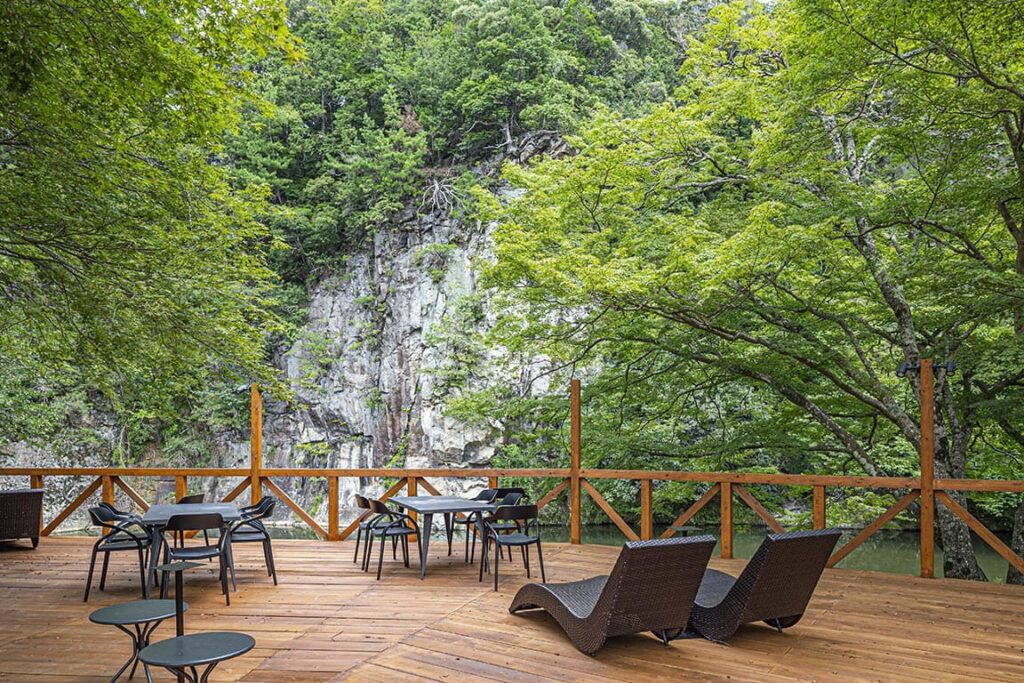 森の中の池のほとりに設置されたウッドデッキのテラス席とリラックススペース