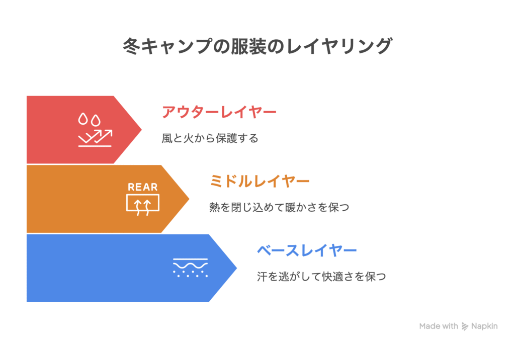 冬キャンプの服装におけるレイヤリング（アウター・ミドル・ベース）の役割を解説した図