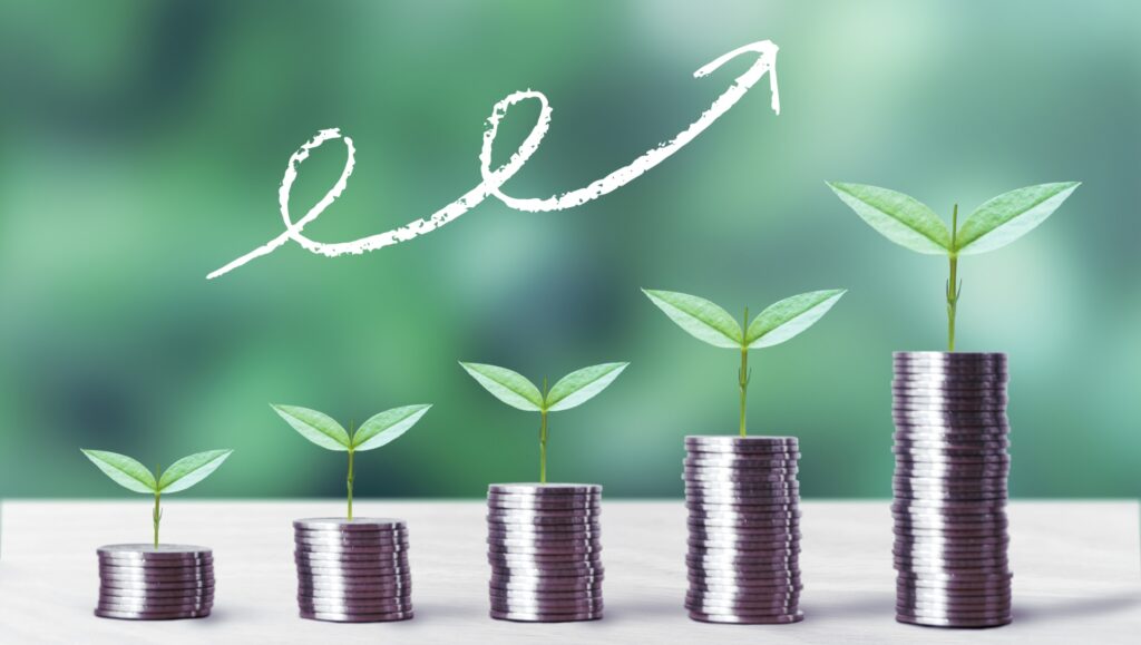 資産の成長をイメージした、積み上がるコインから芽が出る様子
