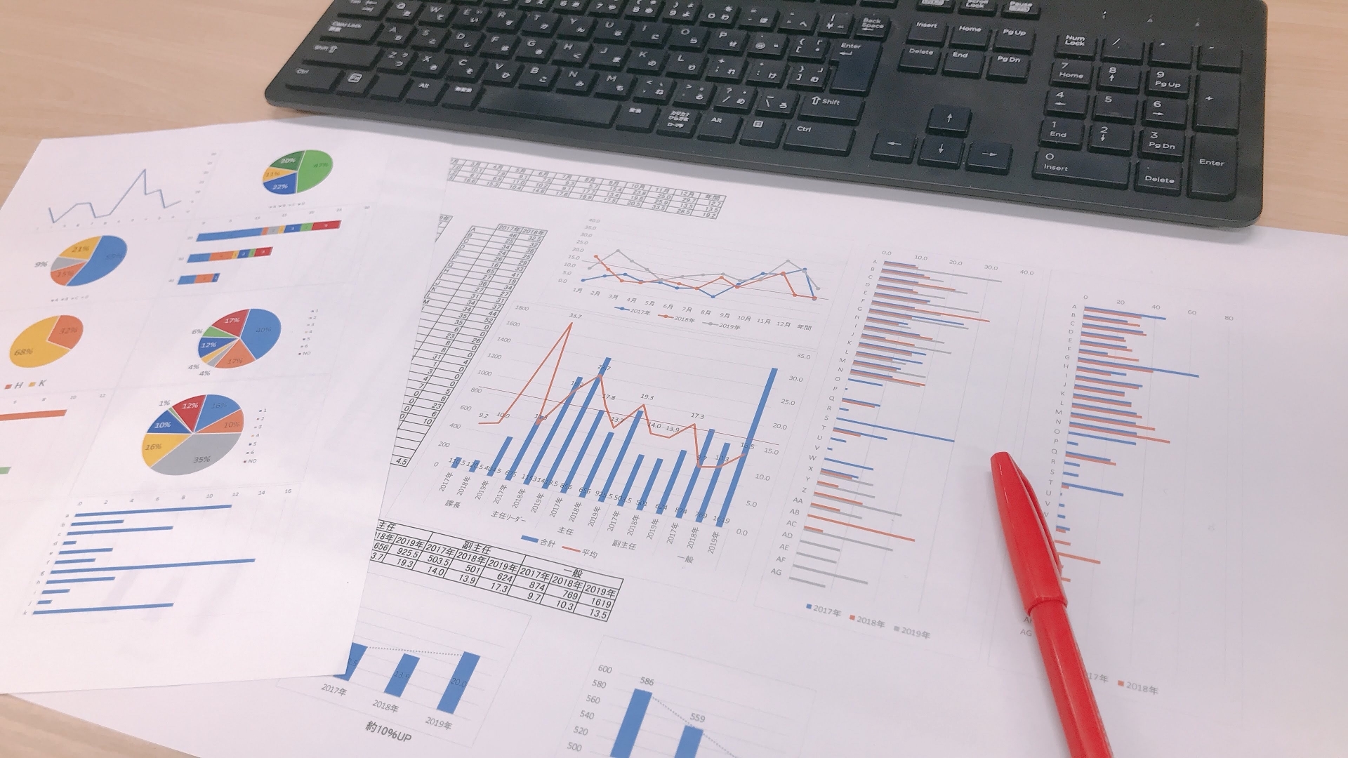 株価チャートやポートフォリオの分析資料とパソコン周辺機器