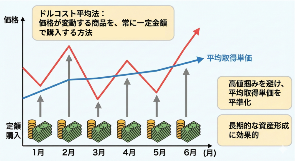 図解：ドルコスト平均法の仕組み。