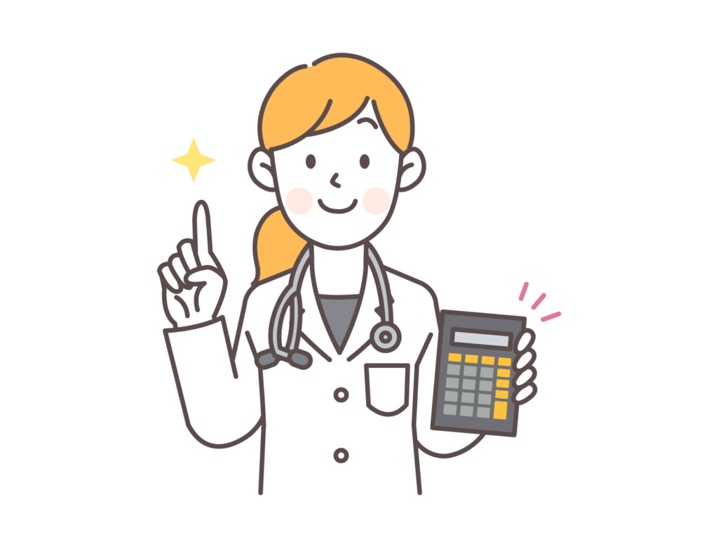 電卓を持ち、人差し指を立てて笑顔でポイントを解説する女性医師のイラスト