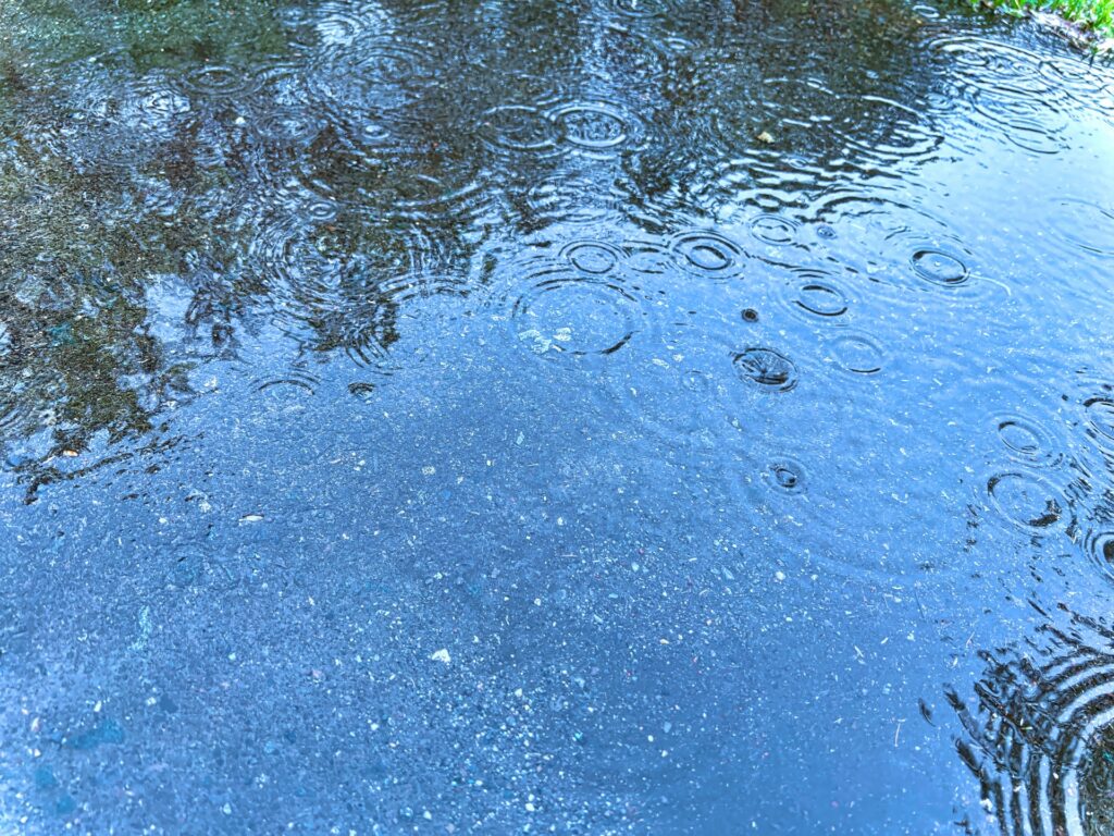 水たまりに雨粒が落ちて広がっていく波紋